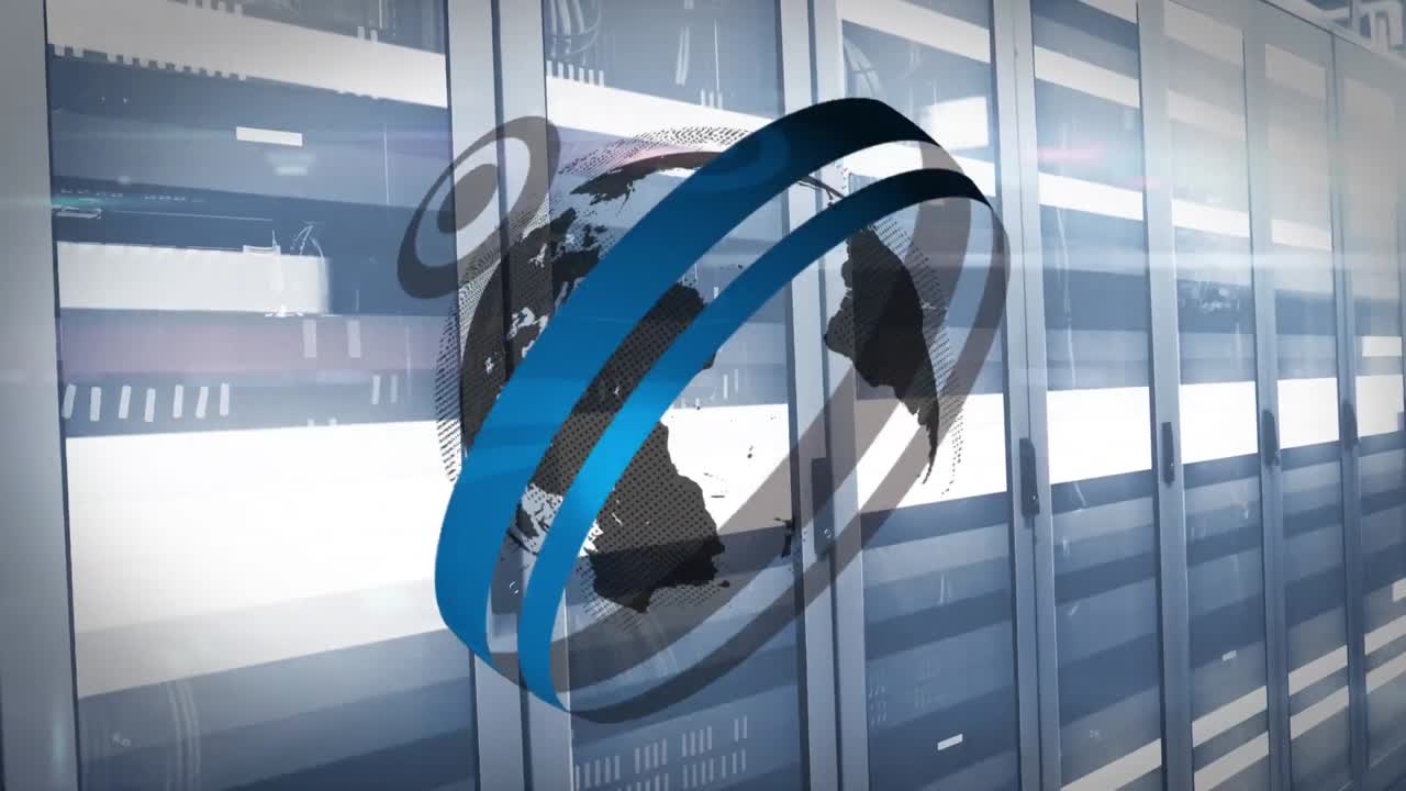 Animation of round scanners over spinning globe and light trails against computer server room