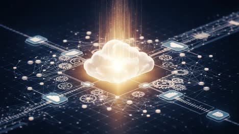 a visual representation of cloud computing technology: data transfer, networking, and digital connections in a modern information landscape