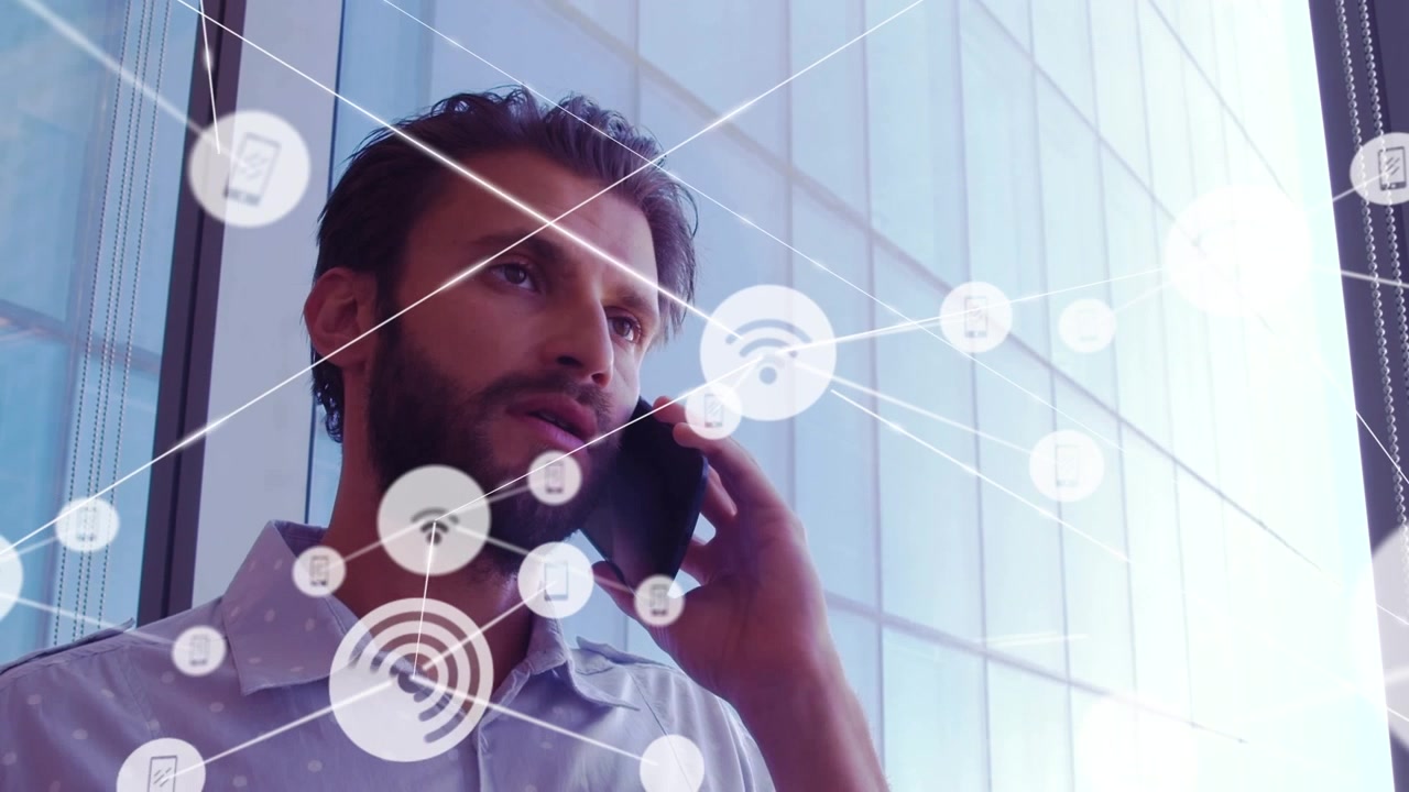 Businessman Talking on Smartphone with Digital Network Overlay