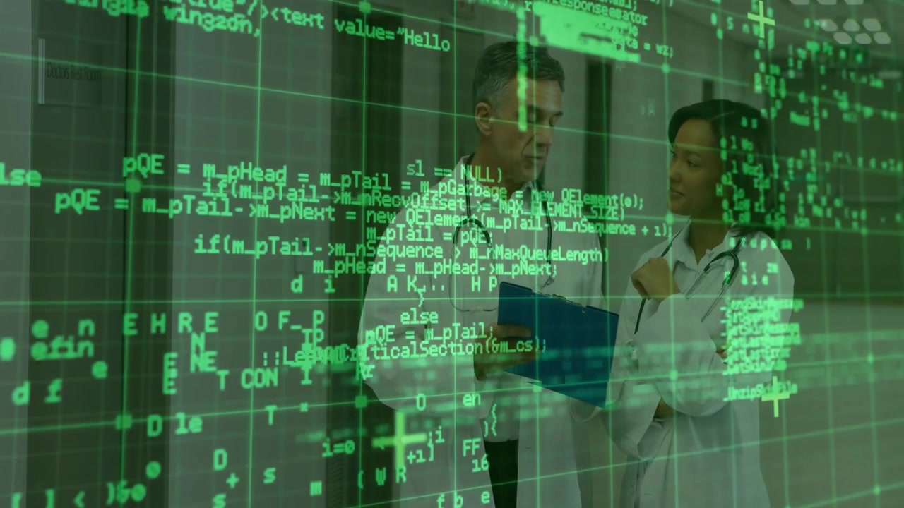 Green code overlaying hospital corridor doctors consulting file monitoring data feed for decision