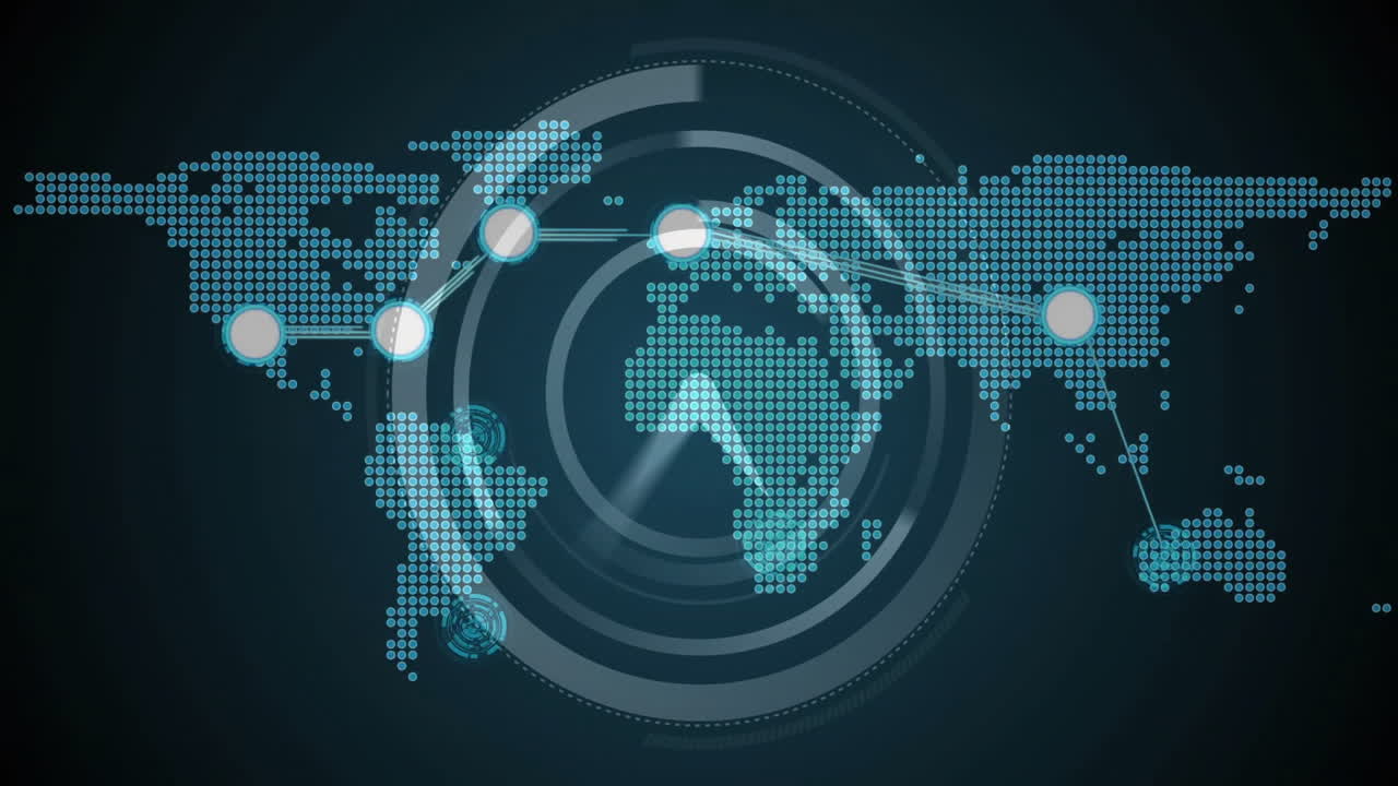 World map with connecting lines and nodes, global network animation