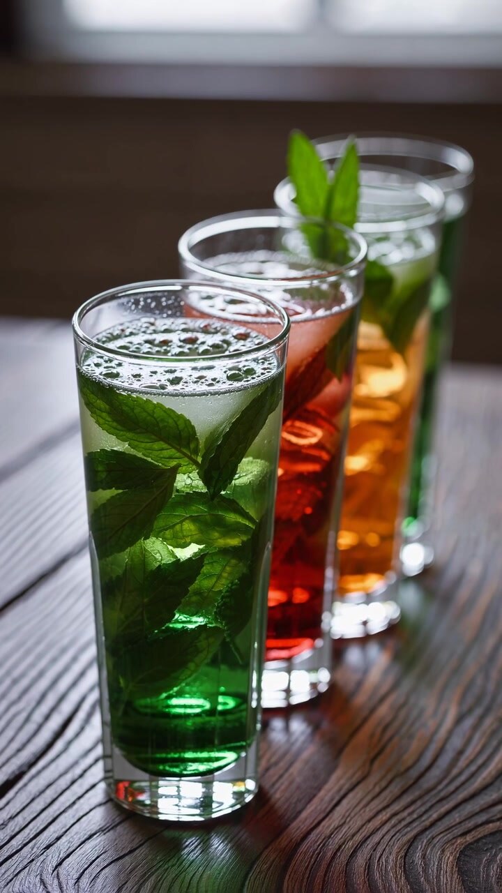 Row of Refreshing Colorful Drinks with Mint and Ice
