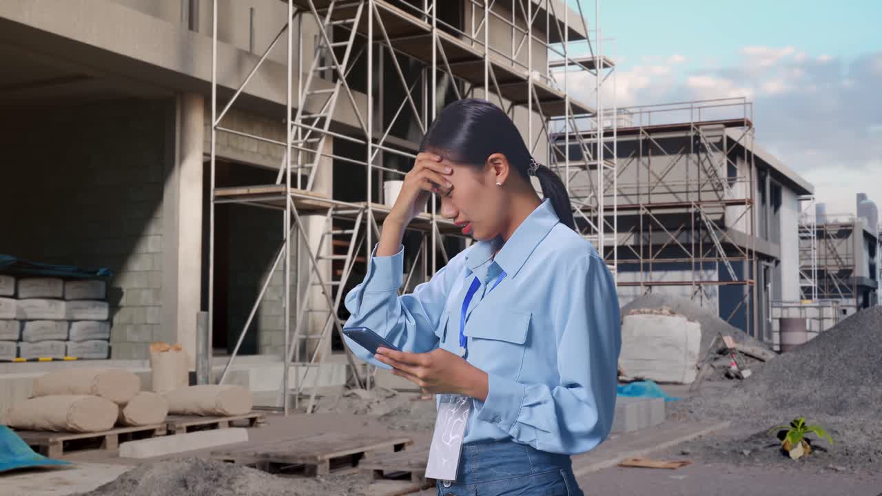 Tampak Samping Wanita Asia Dengan Smartphone di Lokasi Konstruksi yang Sedang Berlangsung ke Rumah Baru, Memeriksa Dengan Kecewa Dan Mengangguk
