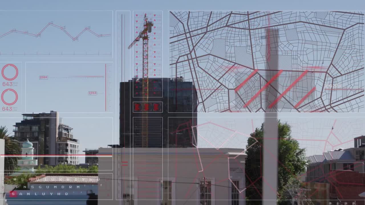 animación de círculos de carga, gráfico, patrón de navegación sobre edificios bajo construcción