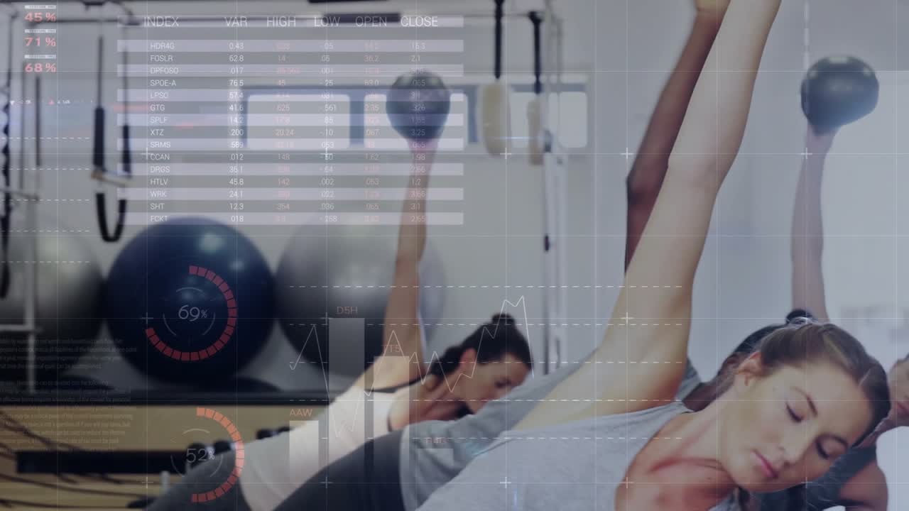 Woman in fitness on cue, doing side-planks with med ball for core strength, HUD charts overlaying
