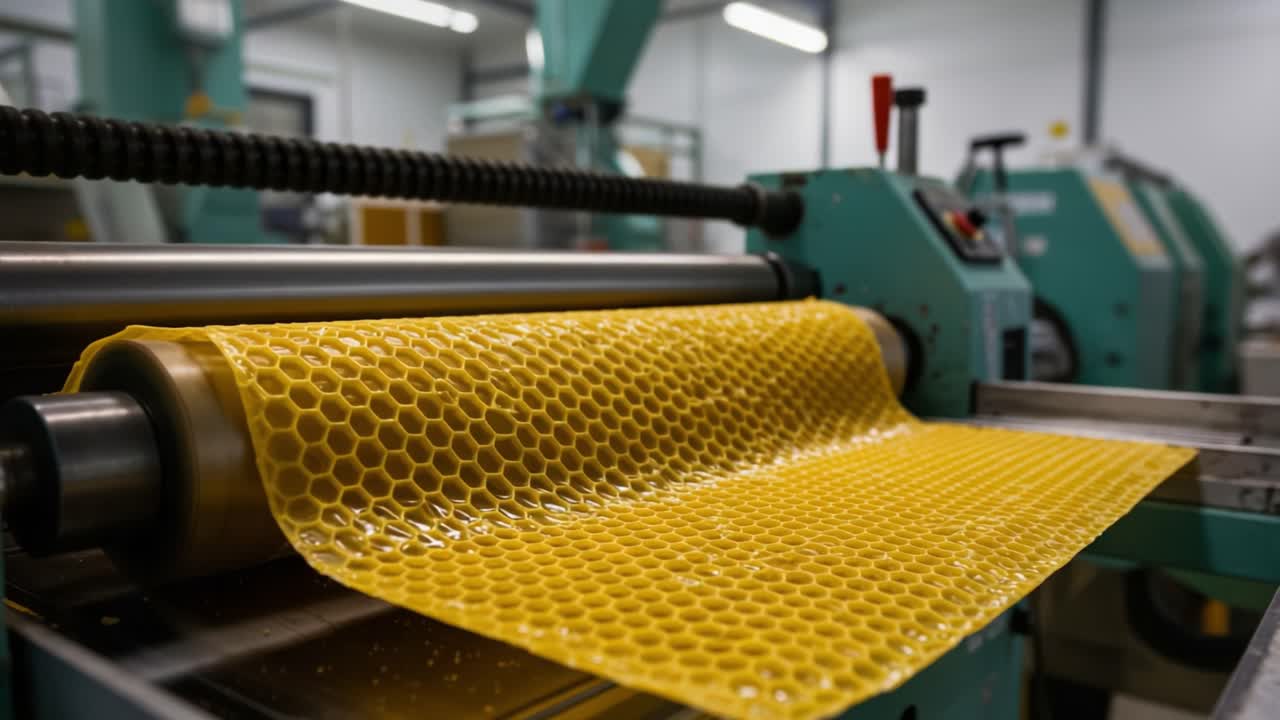 Modern Manufacturing Process of Honeycomb Sheets: Close-up Views of Yellow Material Production at a Factory
