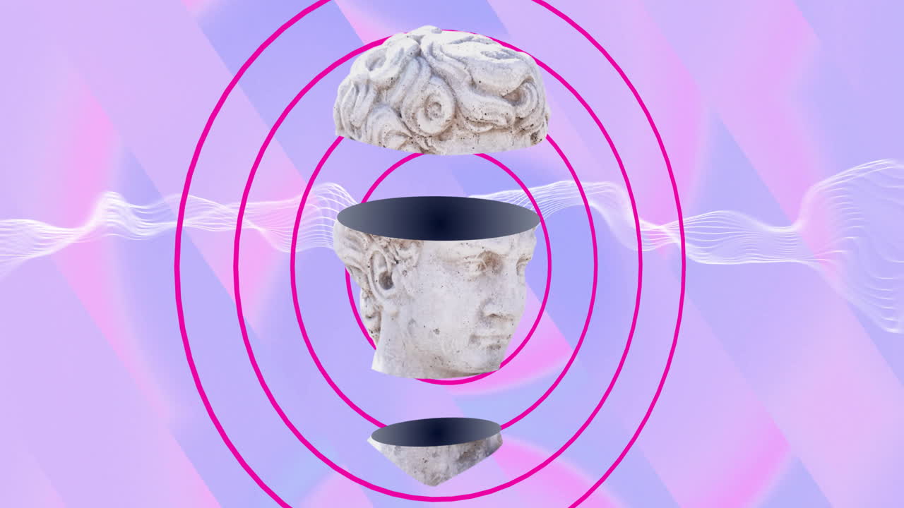 Ancient sculpture head with brain over concentric circles and waveforms