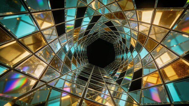Rotating glass tunnel moving as camera pushing in CGI, revealing hexagonal void, framing teal panes