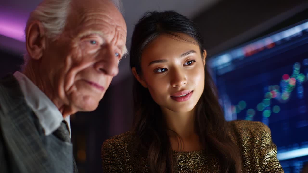 In a moment of connection, a youthful woman and an elderly man share a focused conversation, highlighting the interplay between wisdom and curiosity in a modern, technology-driven environment