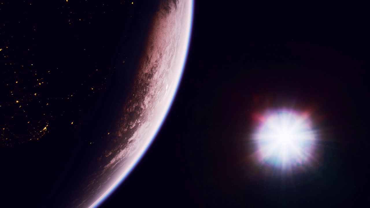 Beautiful view of earth from space with bright sun illuminating night lights