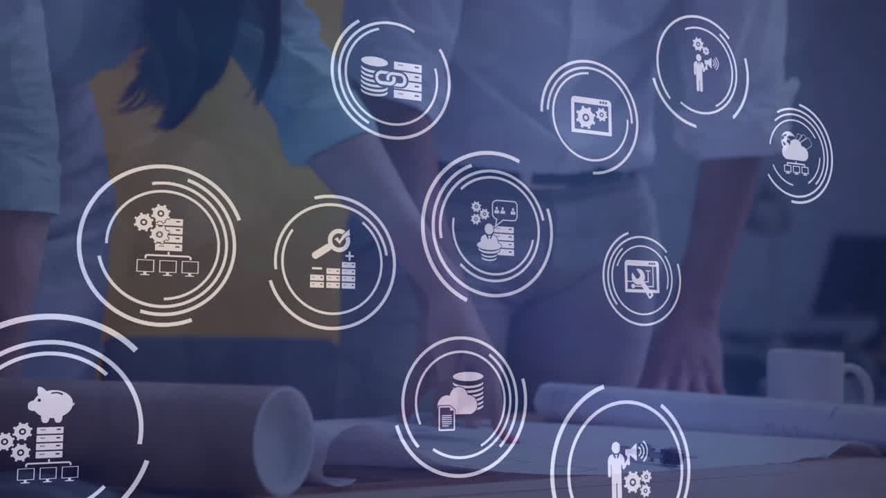 animación del icono en círculos de carga sobre ingenieros caucásicos discutiendo el plano del piso en el plano