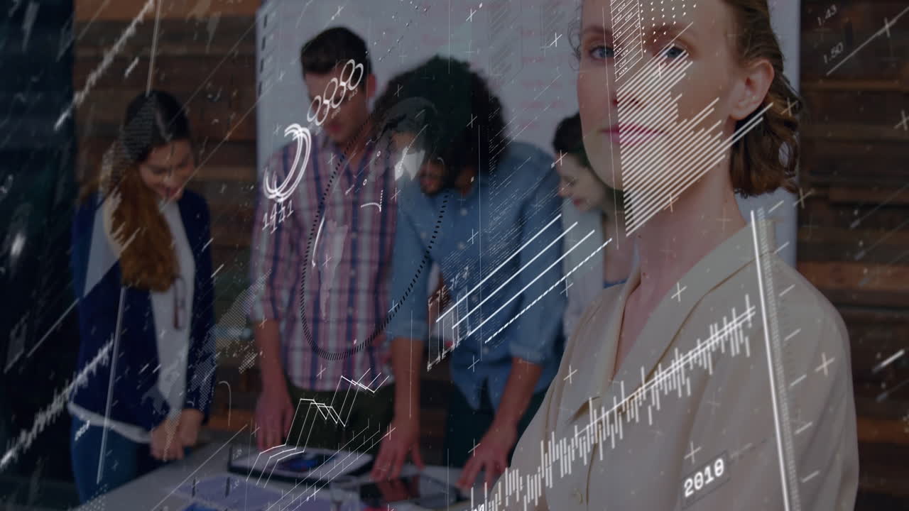 Collaborating on animation graphics, business team analyzing data visualization together