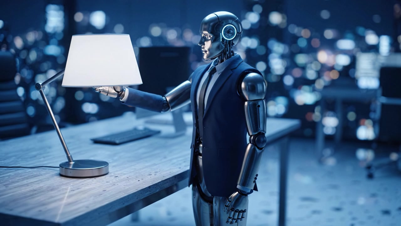Un robot umanoide futuristico si trova in un ambiente d'ufficio elegante e moderno, con una lampada di design, tra una vista mozzafiato della città di notte