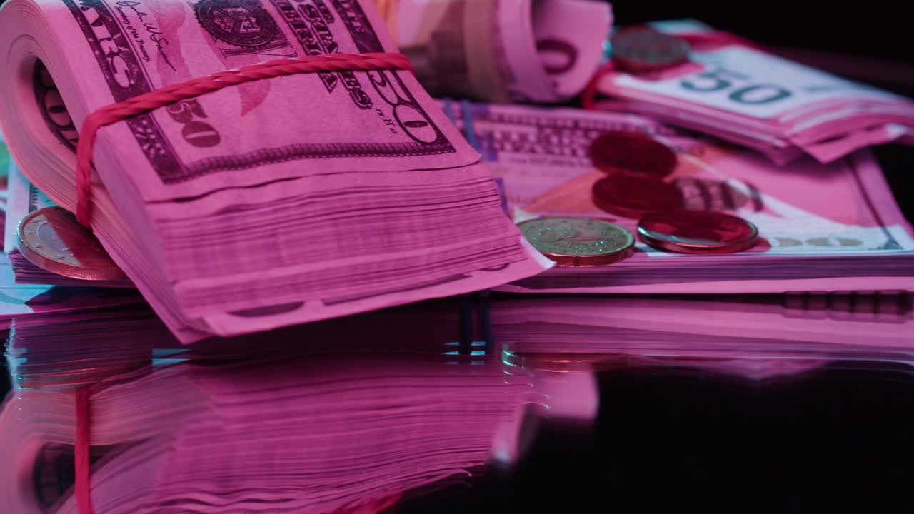 Pile di banconote in dollari ed euro con una vivace luce al neon