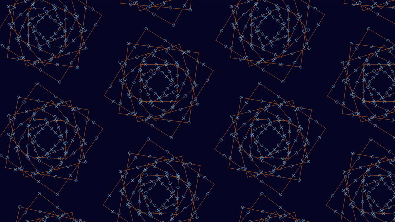 복잡한 기하학적 격자, 어두운 파란색과 오렌지색의 선과 각의 복잡한 패턴