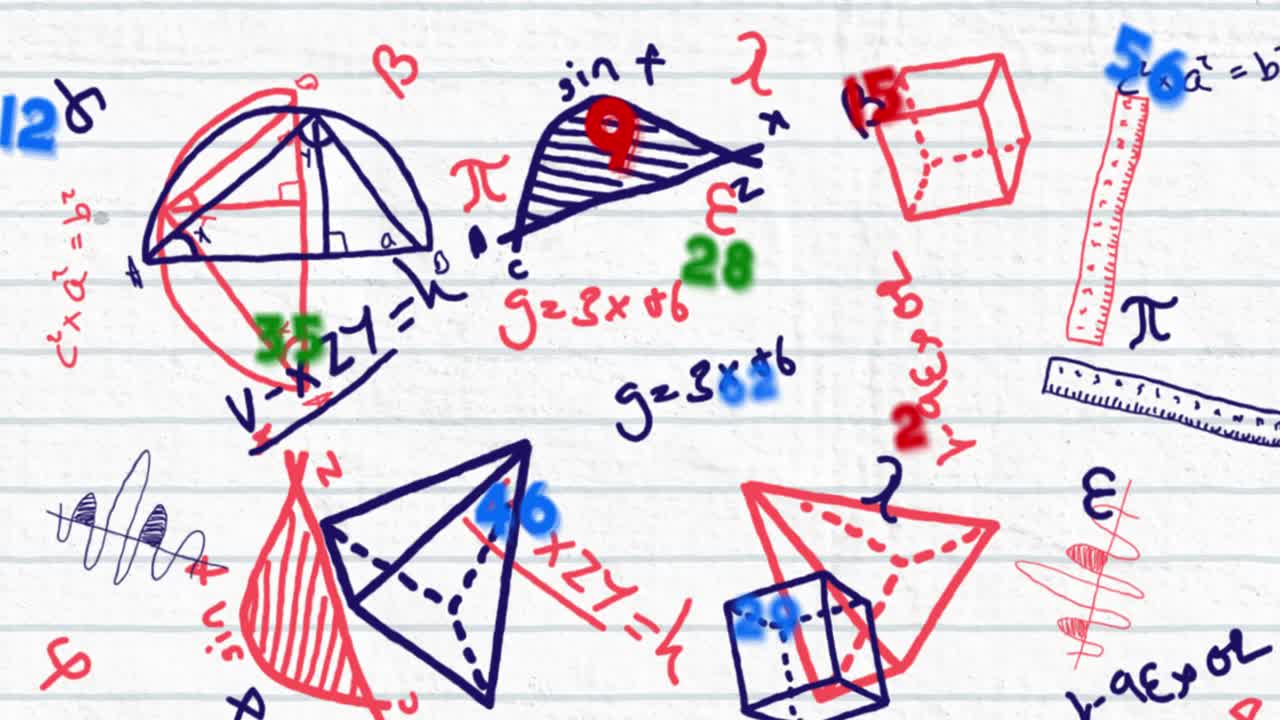 ⁇ 색 배경에 수학 방정식 위에 떠다니는 숫자의 애니메이션