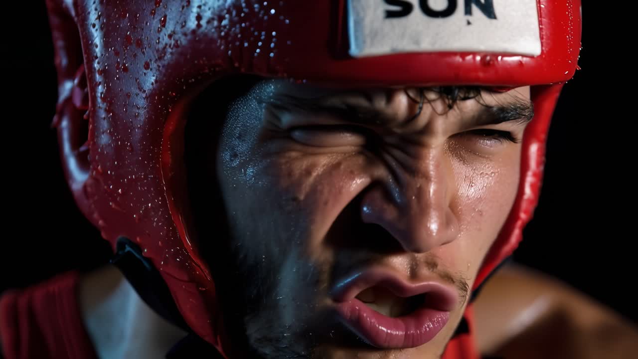Primo piano intenso di un giovane pugile con un caschetto rosso, che cattura determinazione e concentrazione sul ring, con gocce di sudore sulla fronte.