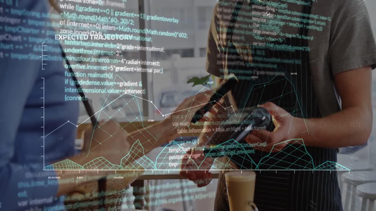 Animation of financial data and graphs over hands of diverse people using payment terminal