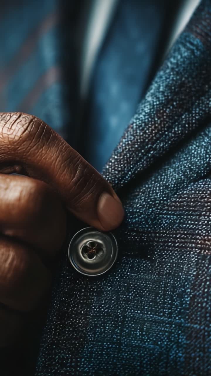 A Close-Up View of a Button on a Tailored Suit Jacket, Highlighting the Intricate Textures and Classic Style of Men's Formal Wear in Elegant Fabric Patterns