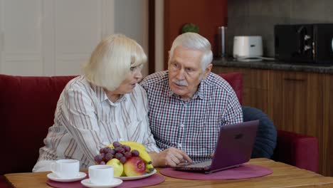 Älteres,-Altes-Großelternpaar,-Das-Zu-Hause-Mit-Einem-Laptop-Und-Einem-PC-Spricht.-Einkaufen-Im-Internet