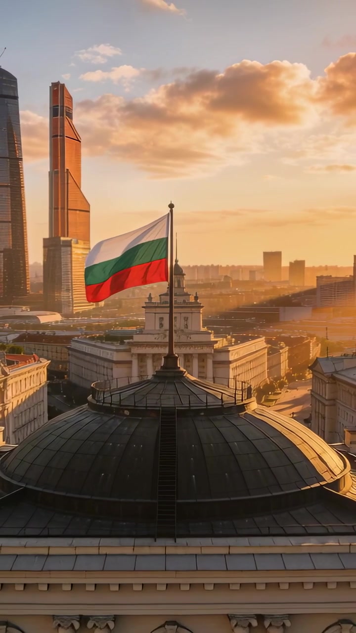Video verticale: Bandiera tricolore che sventola su un'asta al vento mentre la telecamera si allontana, mostrando un tetto a cupola.