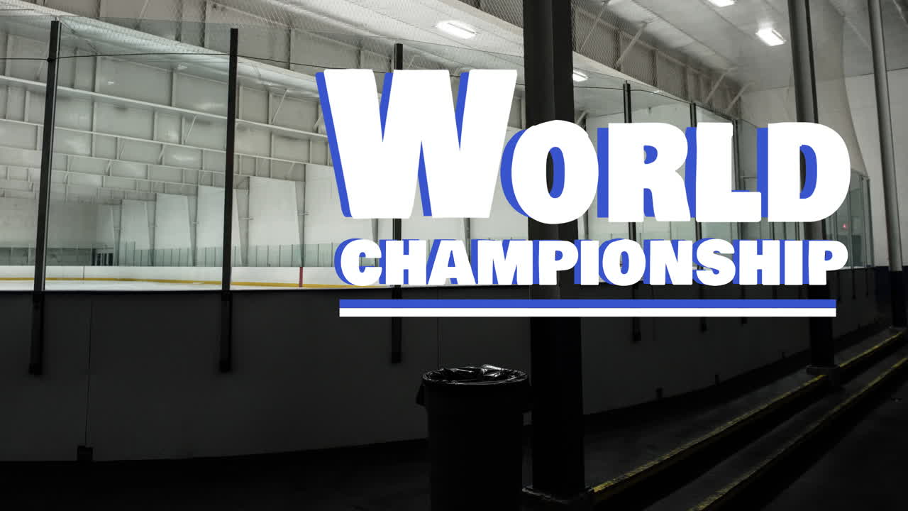 Animazione della scritta campionato mondiale su una pista di hockey su ghiaccio
