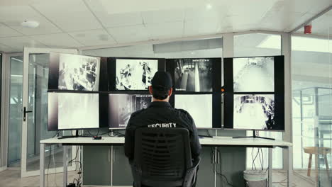 security guard monitoring surveillance cameras in a control room