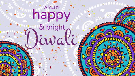 animación de un diwali muy feliz y brillante sobre mandalas coloridas sobre un fondo púrpura claro