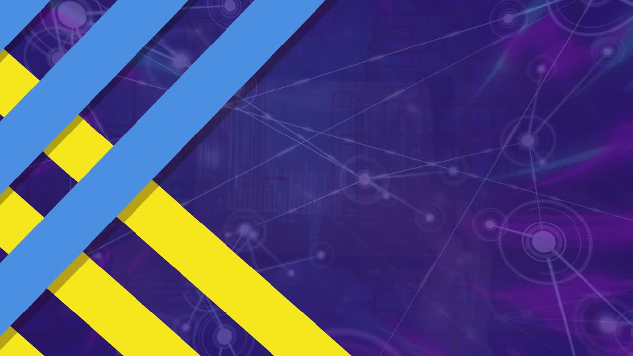 Animation of yellow and blue stripes and network of connections over warehouse