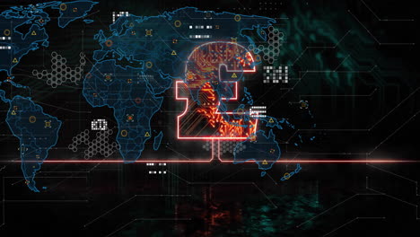 animación del signo de la libra, mapa del mundo y procesamiento de datos digitales en una placa de circuitos