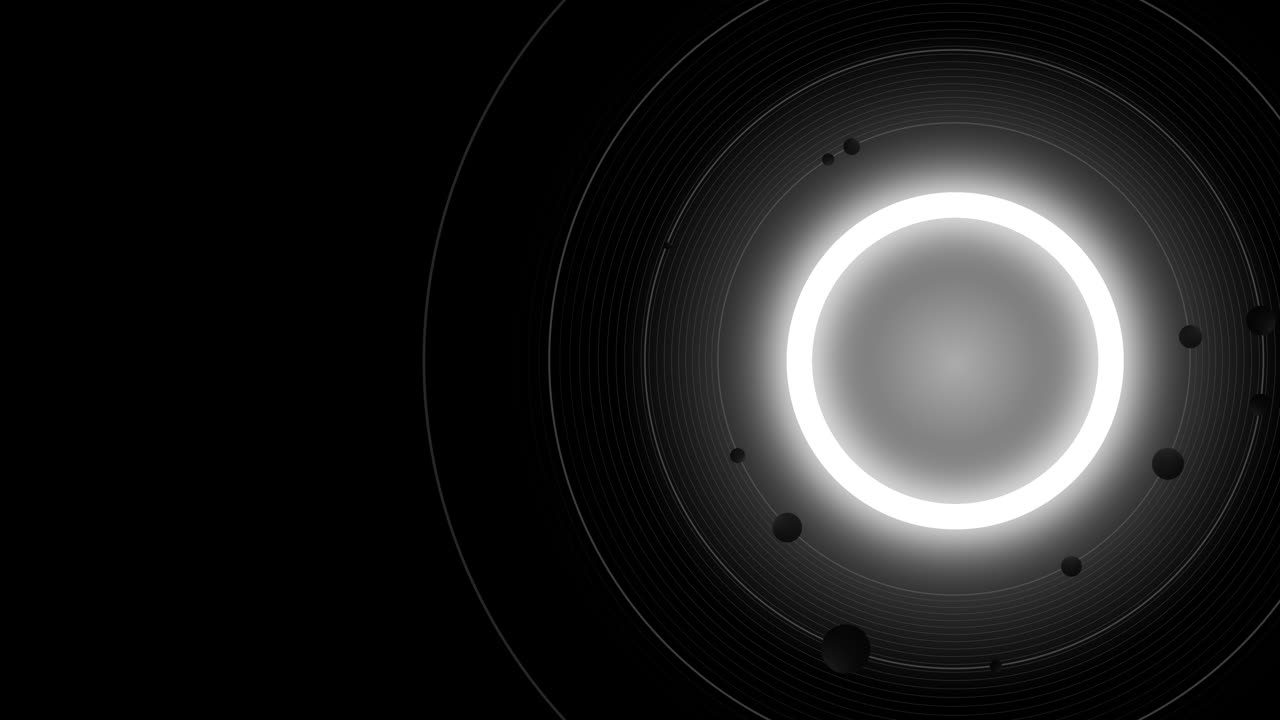 Animazione digitale astratta di un cerchio luminoso con sfere in orbita.