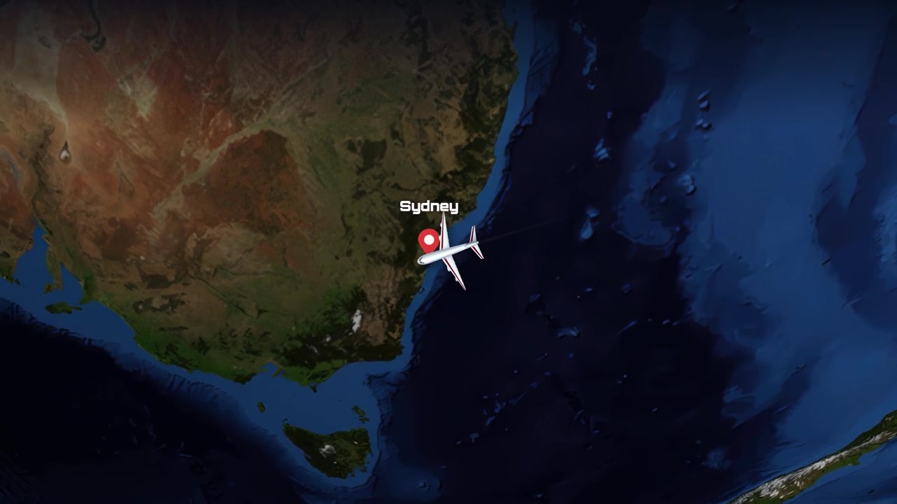 Satellite map animation tracks a commercial airplane flying from Charlotte, North Carolina to Sydney, Australia