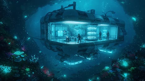 a mysterious underwater habitat: exploring an innovative submarine laboratory surrounded by vibrant coral and marine life in a deep ocean environment