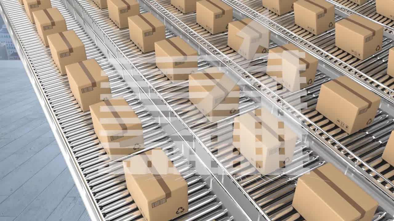 animación del procesamiento de estadísticas sobre cajas de cartón en cintas transportadoras