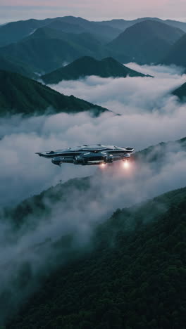 drone flying over misty mountains at sunrise