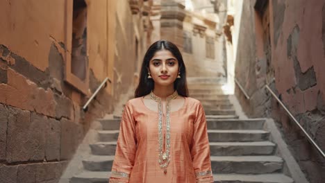 young woman wearing vibrant orange traditional attire posing on weathered stone steps within narrow historic alleyway, highlighting cultural fashion against aged architectural backdrop