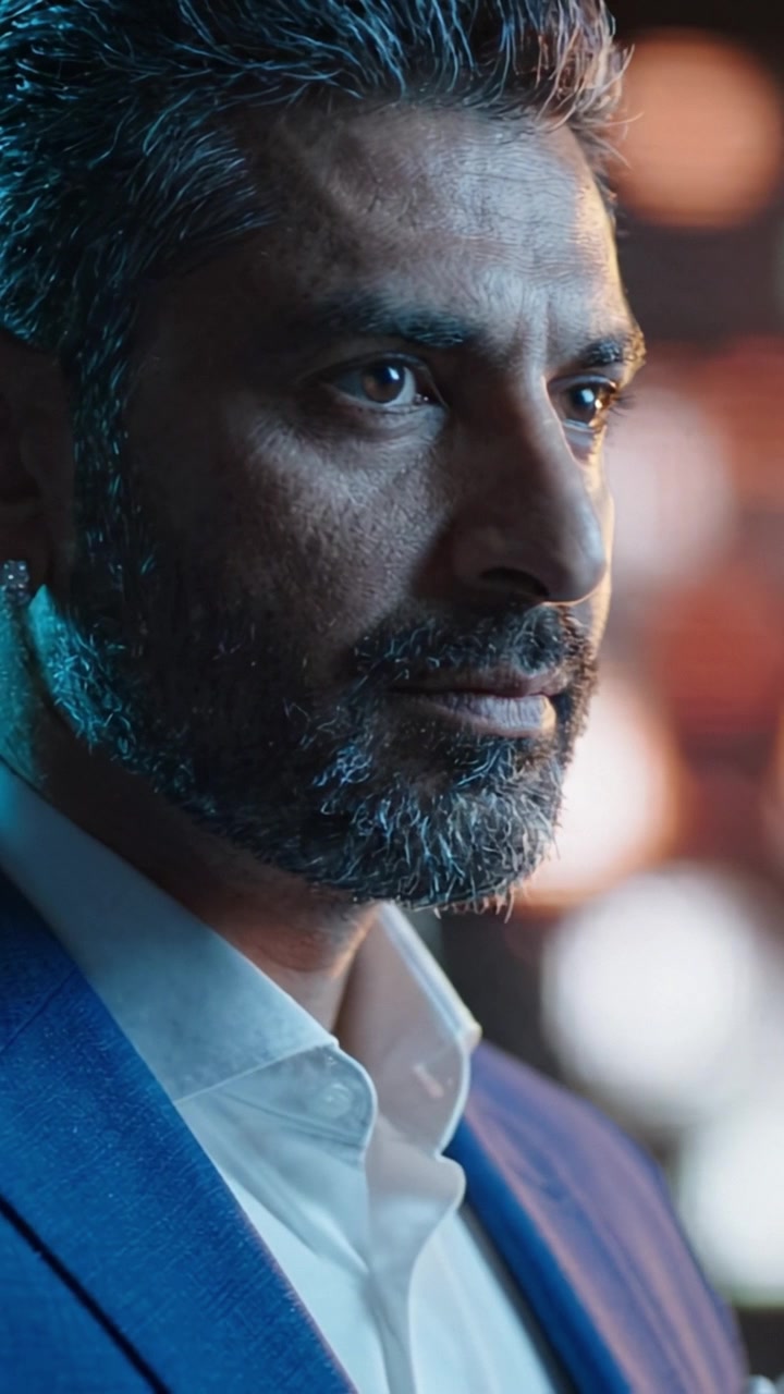 Intense Close-Up Portrait of a Man with a Well-Groomed Beard and Sharp Features, Capturing Intriguing Expressions and Sophisticated Style in Dramatic Lighting