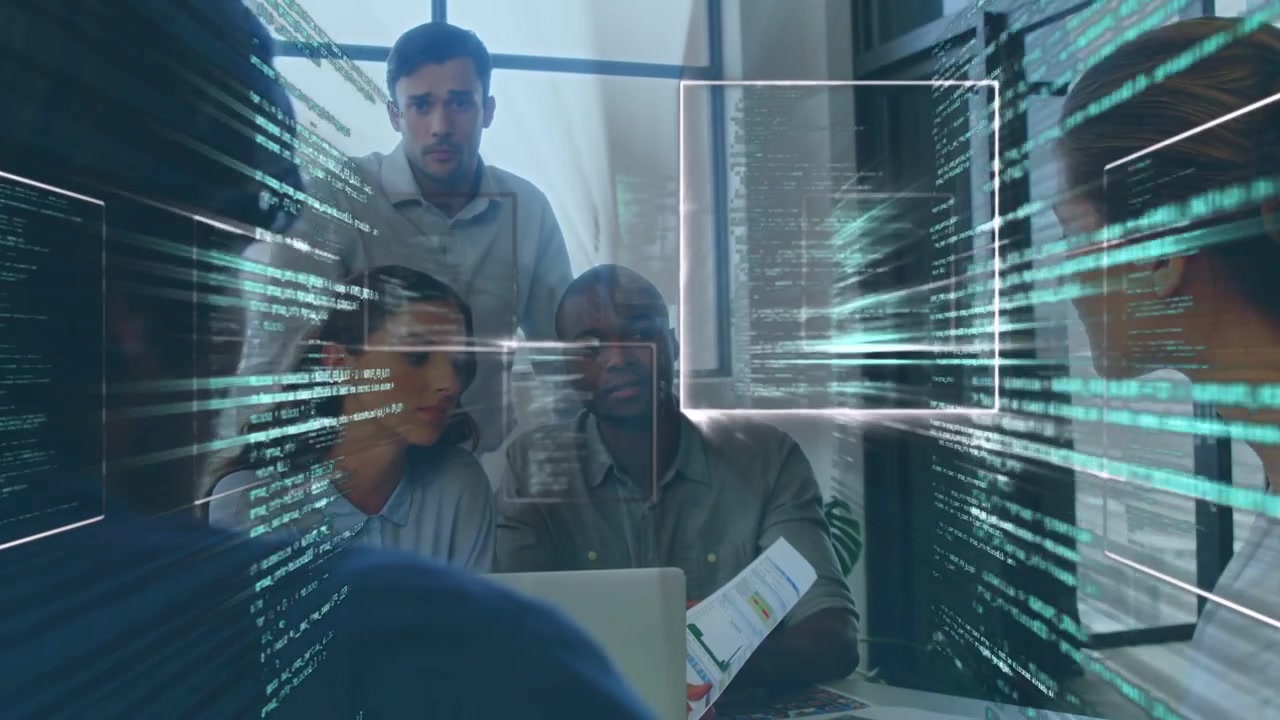 Tech team leaning toward laptop after colleague holding doc, analyzing code overlay crossing frame