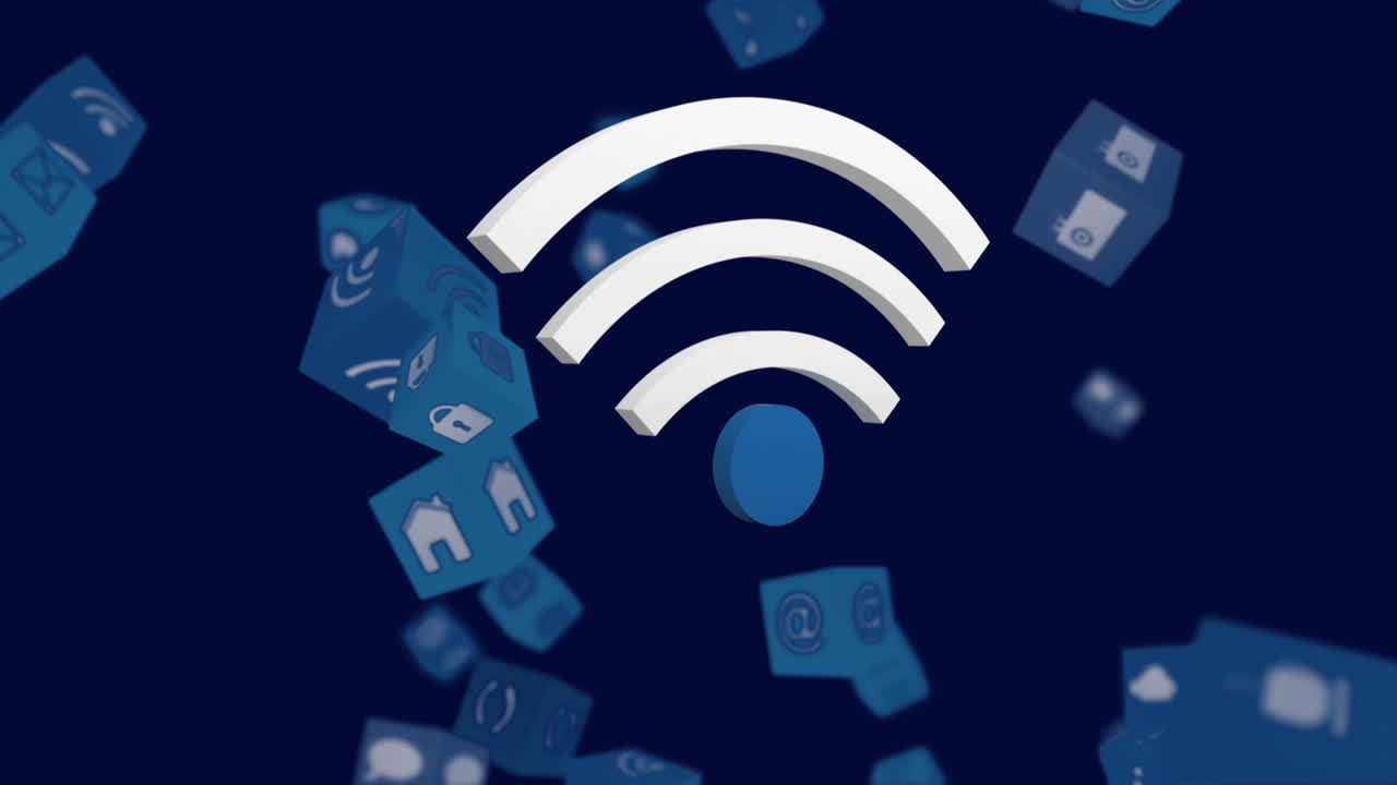 animación del icono de recepción wifi blanco con múltiples iconos digitales azules