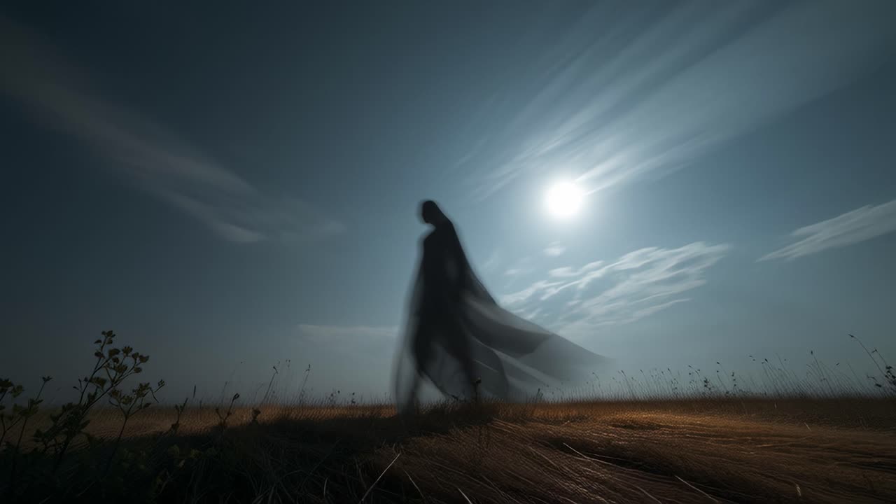 En mystisk skikkelse vandrer gjennom et månebelyst jorde, innhyllet i eteriske bølger av stoff og kaster en skygge mot en drømmende nattehimmel
