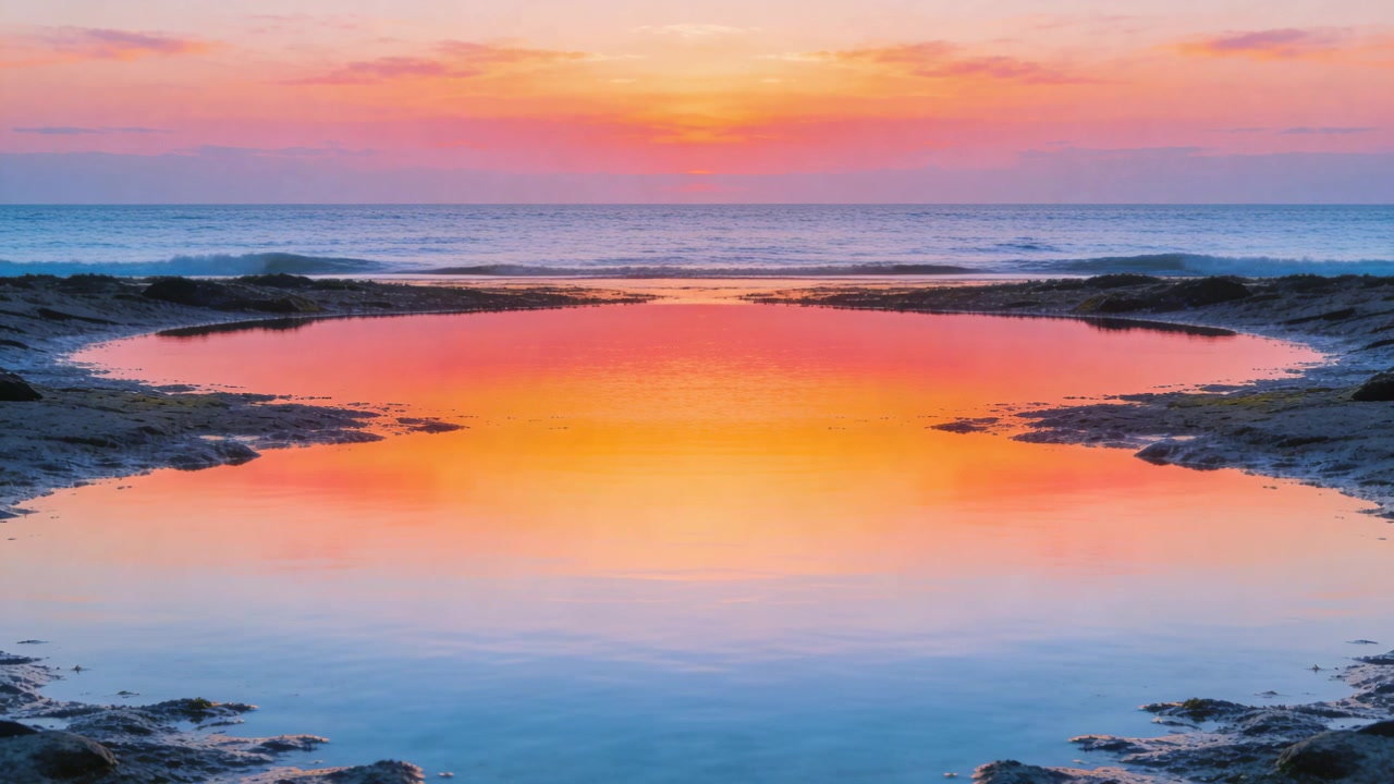 Reflecting tide pool as sun descending to horizon on rocky sandbars, thin clouds deepening colors