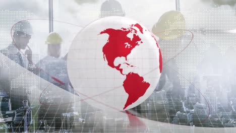 animación del globo y arquitectos e ingenieros discutiendo, sobre el paisaje urbano