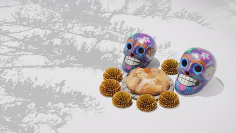 día de los muertos festival, dia de muertos, maqueta, méxico, calaveras, pastelería tradicional, sartén, floral, flores, fondo gris