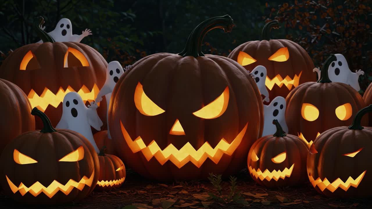 Eerie Glow of Halloween Pumpkins: A Spooky Scene with Grinning Jack-O'-Lanterns Emitting Fiery Light Amidst Ghostly Figures and Autumn Leaves