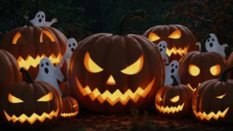 Eerie Glow of Halloween Pumpkins: A Spooky Scene with Grinning Jack-O&#039;-Lanterns Emitting Fiery Light Amidst Ghostly Figures and Autumn Leaves