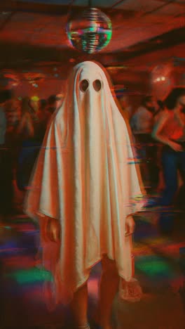 mysterious sheet ghost at a glitch art disco party