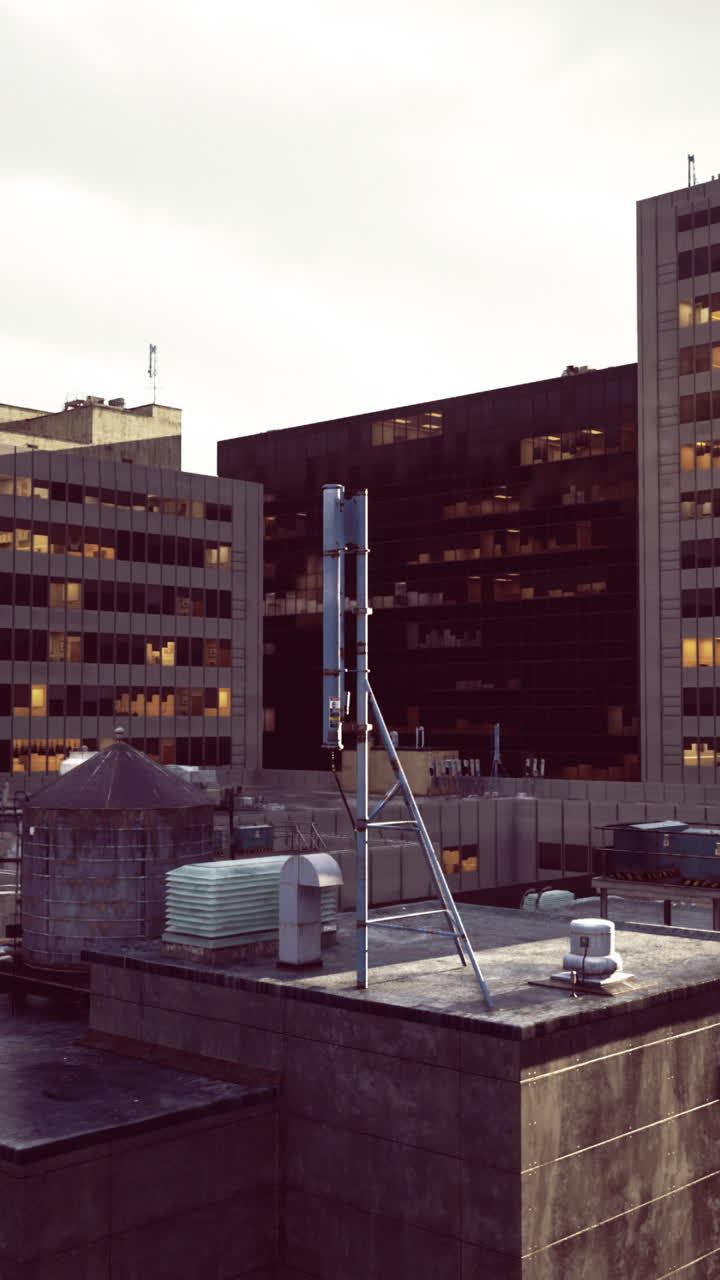 City skyline at dusk showcasing rooftop structures and lighting
