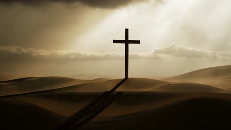 sun rays shining on a cross atop a hill create a serene atmosphere, symbolizing faith and hope against a beautiful sky