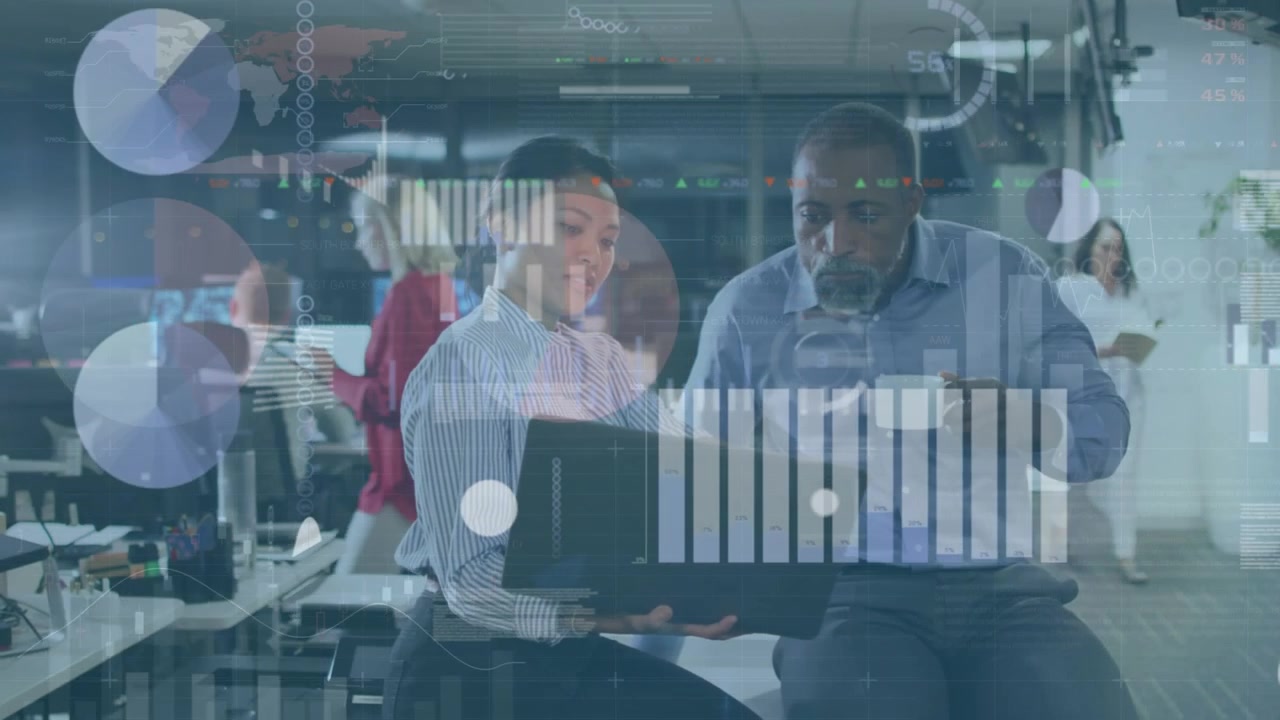 Animation of data processing over diverse business people in warehouse
