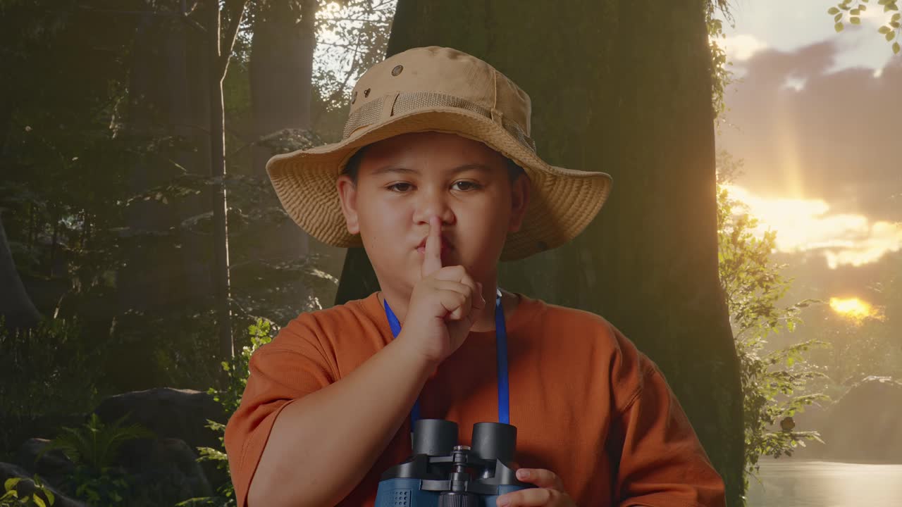모자를 쓴 아시안 소년이 안경을 통해 쳐다보고 숲의 자연을 탐험하는 동안 shh 제스처를합니다. 소년 연구자는 무언가를 조사합니다. 여행, 관광, 모험 개념, 클로즈업